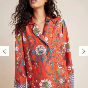 Anthropologie Victoria Garcia Flannel Sleep Shirt SIze Medium Red Floral Sparrow